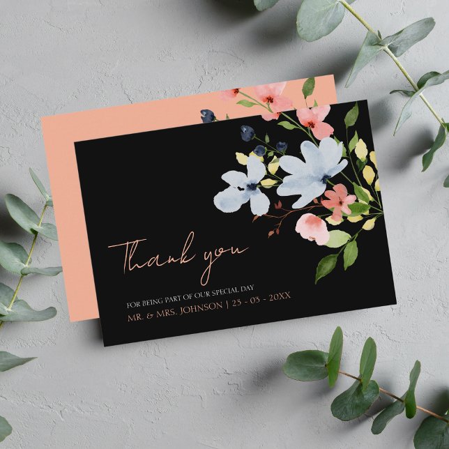 Cartão De Agradecimento Casamento Floral Simples Preto e Rosa (Criador carregado)