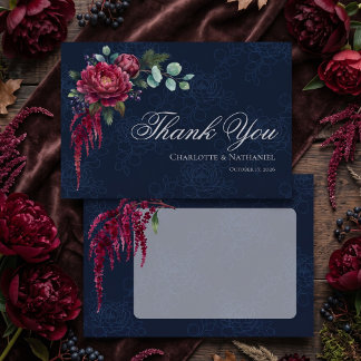 Cartão De Agradecimento Casamento Floral Sombrio Azul Profundo Elegante