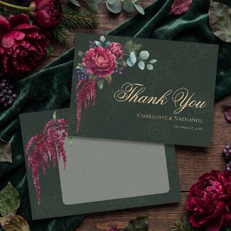 Cartão De Agradecimento Casamento Floral Sombrio Verde Profundo Elegante