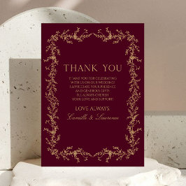 Cartão De Agradecimento Casamento Floral Toile de Champanhe Borgonha Quadr