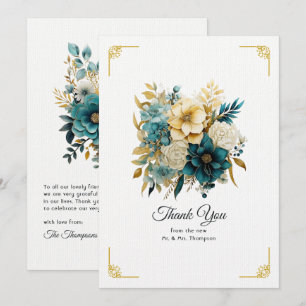 Cartão De Agradecimento Casamento Floral Turquesa e Dourado