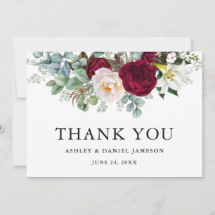 Cartão De Agradecimento Casamento Floral Verde Burgundy Aquarela B