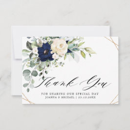 Cartão De Agradecimento Casamento Floral Verde Naval com Beijo