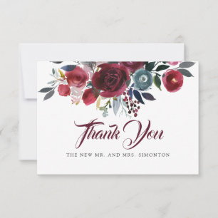 Cartão De Agradecimento Casamento Floral Vermelho de Watercolor Burgundy