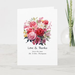 Cartão De Agradecimento Casamento Floral Vermelho, Rosa e Verde