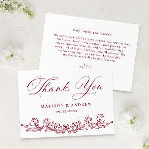 Cartão De Agradecimento Casamento Floral Vitoriano em Borgonha Elegante