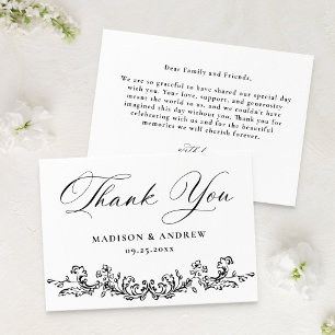 Cartão De Agradecimento Casamento Floral Vitoriano Preto Elegante