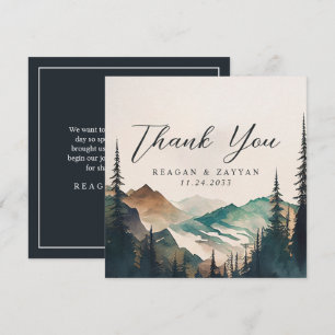 Cartão De Agradecimento Casamento Floresta de Pinheiros Montanhas Aquarela