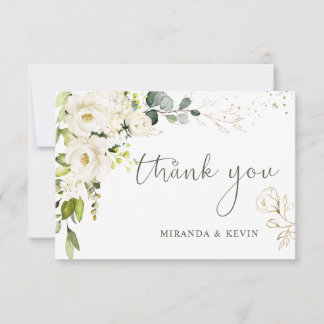 Cartão De Agradecimento Casamento Foliar das Rosas Brancas Greenery Obriga