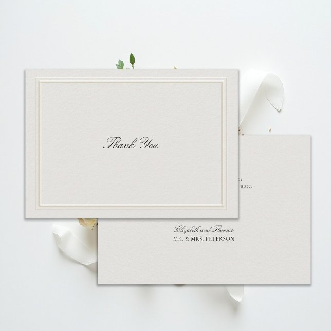 Cartão De Agradecimento Casamento Formal Moderno Clássico em Ecru com Mold (modern classic wedding thank you card ecru double frame elevated formal traditional calligraphy)