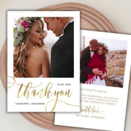 Cartão De Agradecimento Casamento Foto 2 Script Dourado Enorme Moderno