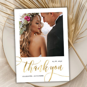 Cartão De Agradecimento Casamento Foto 2 Script Dourado Enorme Moderno