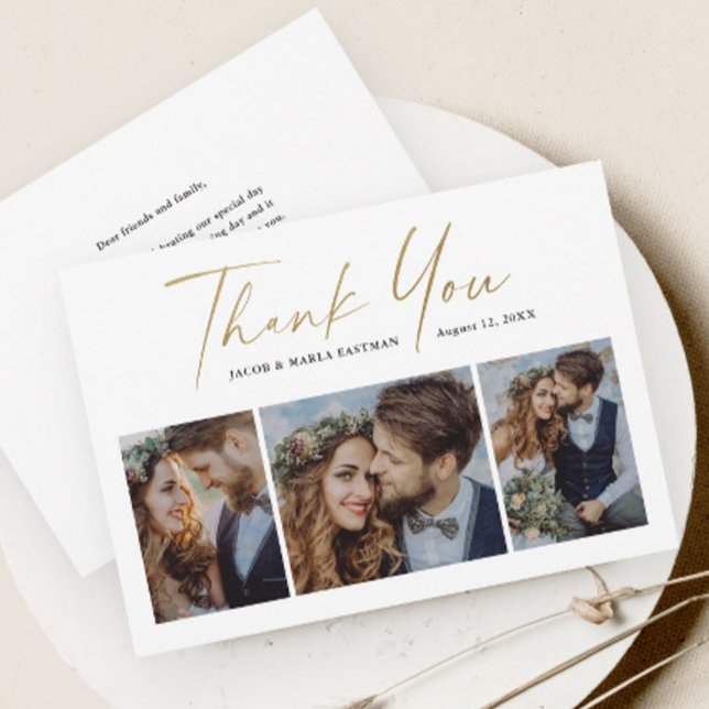 Cartão De Agradecimento Casamento Foto 3 Script Dourado Moderno (Modern gold script 3 photo collage wedding thank you cards.)