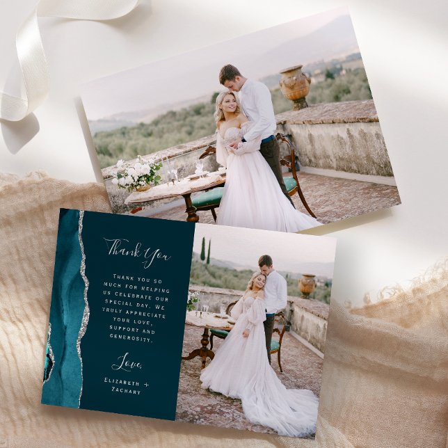 Cartão De Agradecimento Casamento Foto Ágata Azul Teal Prata Script (Criador carregado)