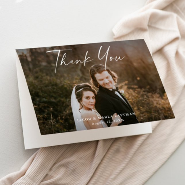 Cartão De Agradecimento Casamento Foto Caligrafia Roteiro Moderno (Modern script wedding photo thank you cards.)