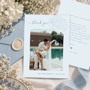 Cartão De Agradecimento Casamento Foto de Concha Azul Costeira Desenhada à