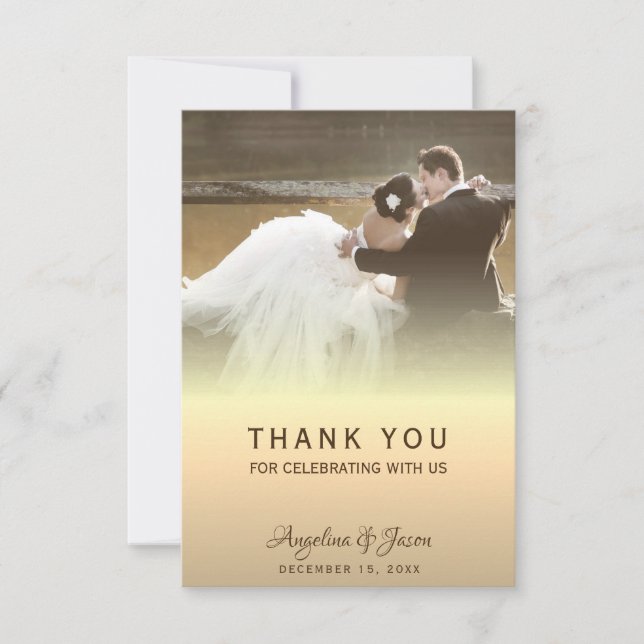 Cartão De Agradecimento Casamento Foto Dourada (Frente)