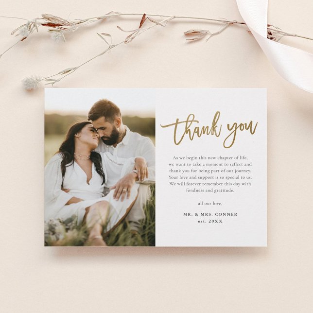 Cartão De Agradecimento Casamento Foto Moderno Script Dourado 2 (Criador carregado)
