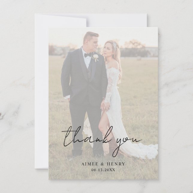 Cartão De Agradecimento Casamento Foto Moderno Script Rústico (Frente)