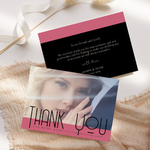 Cartão De Agradecimento Casamento Foto Preto Rosa Magenta Chic 