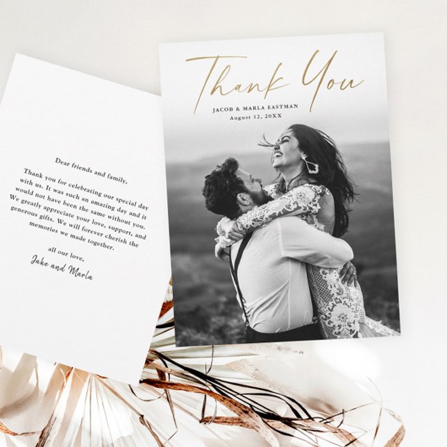 Cartão De Agradecimento Casamento Foto Roteiro Dourado Moderno (Criador carregado)
