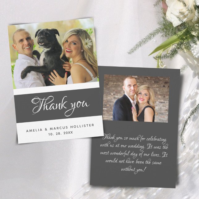Cartão De Agradecimento Casamento Foto Script Cinza Elegante 2  (Criador carregado)