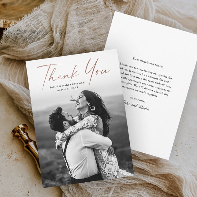 Cartão De Agradecimento Casamento Foto Script Moderno Dourado Rosa (Criador carregado)