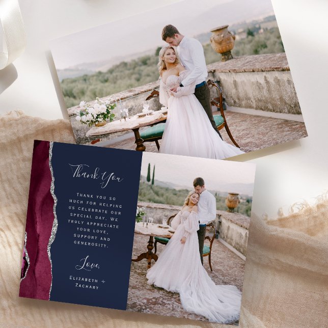 Cartão De Agradecimento Casamento Fotografia Ágata Borgonha Script Prata A (Criador carregado)