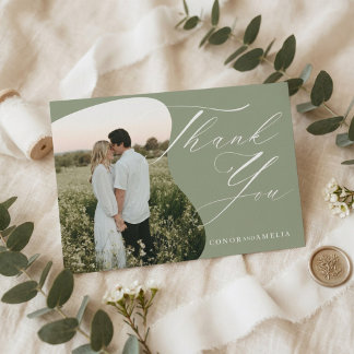 Cartão De Agradecimento Casamento Fotografia Caligrafia Branca Verde Sage