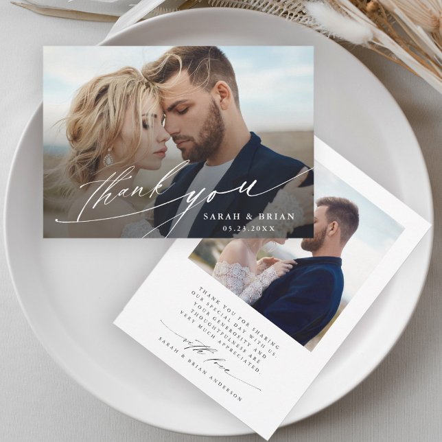 Cartão De Agradecimento Casamento Fotográfico 2 do Modern Chic Calliograph (Criador carregado)