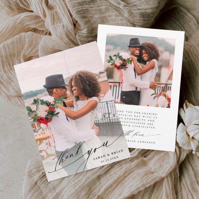 Cartão De Agradecimento Casamento Fotográfico 2 do Modern Chic Calliograph (Criador carregado)