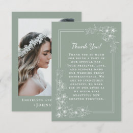 Cartão De Agradecimento Casamento Fotográfico Botânico em Verde Sálvia Ele