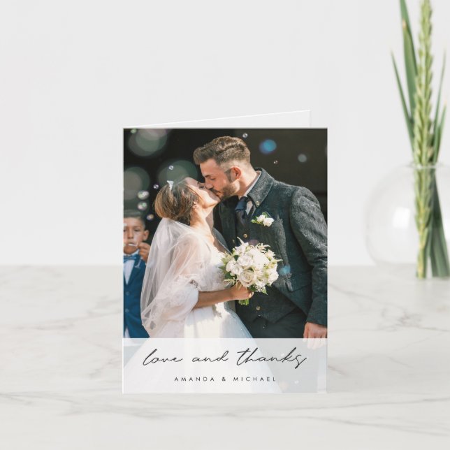 Cartão De Agradecimento Casamento Fotográfico com Obrigados e Amor (Frente)