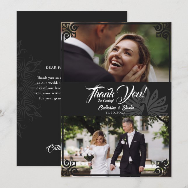 Cartão De Agradecimento Casamento Fotográfico com Peacock Black 2 Modern A (Frente/Verso)