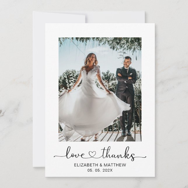 Cartão De Agradecimento Casamento Fotográfico com Script de Coração 2 e Ob (Frente)