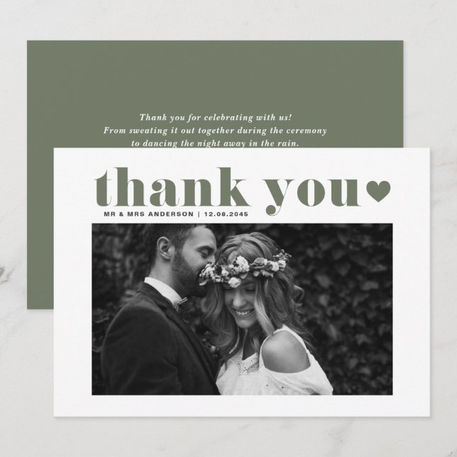 Cartão De Agradecimento Casamento Fotográfico com Taupe Verde Retro Negrit (Frente/Verso)