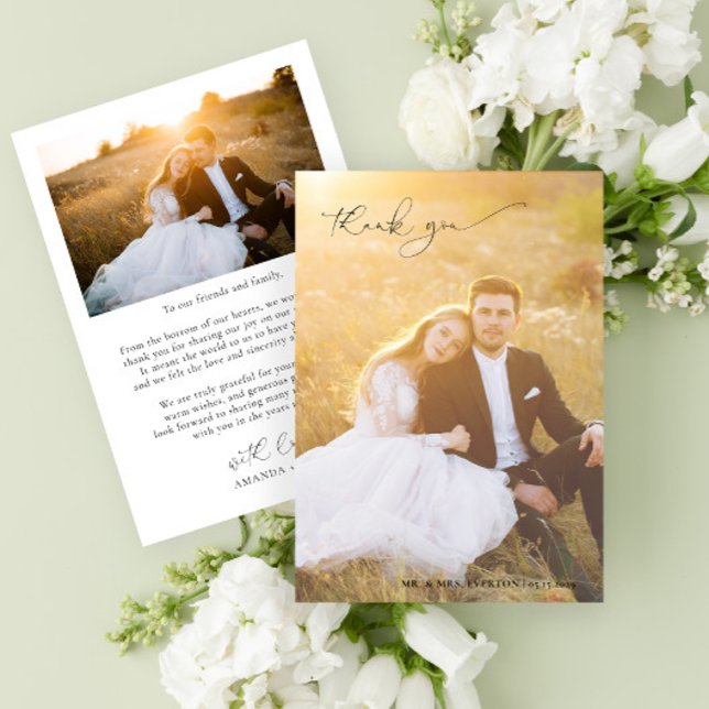 Cartão De Agradecimento Casamento Fotográfico de Cheio de Caligrafia Moder (Easily personalize this 2 photo wedding thank you card with your images and personal message)