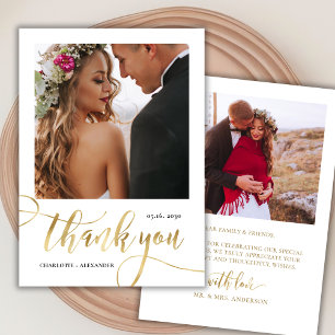 Cartão De Agradecimento Casamento Fotográfico de Enorme Dourado Script 2