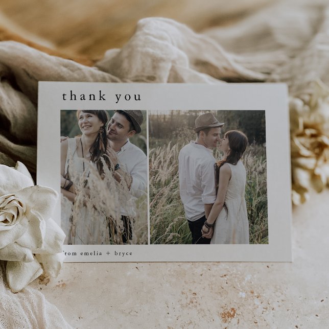 Cartão De Agradecimento Casamento Fotográfico de preto branco e plano EMEL (EMELIA Flat Neutral White Black 2 Photo Wedding Thank You Card)
