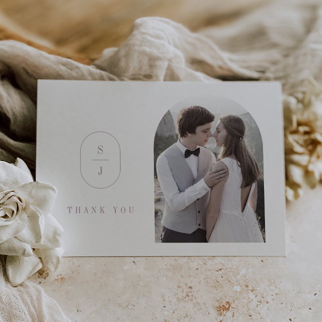Cartão De Agradecimento Casamento Fotográfico de Rosa Boho Monograma do Sh (SHYLAH Flat Dusty Rose Boho Monogram Photo Wedding Thank You Card)