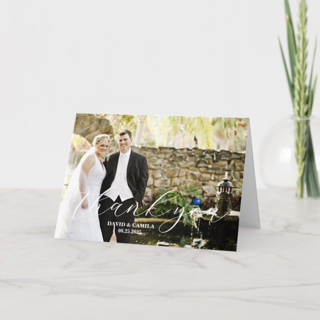 Cartão De Agradecimento Casamento Fotográfico de Script Beatrice Elegante (Frente)