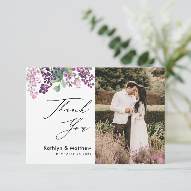 Cartão De Agradecimento Casamento Fotográfico de Script de Aquarela Floral (Em pé/Frente)