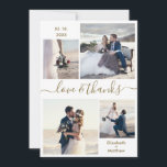 Cartão De Agradecimento Casamento Fotográfico do Elegant Love and Obrigado<br><div class="desc">Ouro elegante, moderno e minimalista e cartões de agradecimentos de casamento personalizado com o roteiro branco 4. modelo de cartões de agradecimentos de casamento com quatro (4) fotos na frente e uma (1) foto no verso. Com o texto "Amor e obrigados" num guião cursivo, escrito à mão, de letras maiúsculas...</div>