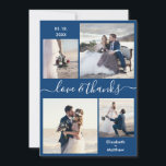 Cartão De Agradecimento Casamento Fotográfico do Elegant Love and Obrigado<br><div class="desc">Marinho elegante, moderno e minimalista e cartões de agradecimentos de colagem de fotos branco 4 personalizado. modelo de cartões de agradecimentos de casamento com quatro (4) fotos na frente e uma (1) foto no verso. Com o texto "Amor e obrigados" em um script de fonte cursivo, escrito manualmente, com letras...</div>