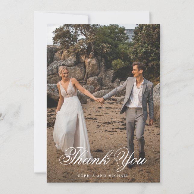 Cartão De Agradecimento Casamento Fotográfico do Elegant Script Dois (Frente)