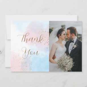 Cartão De Agradecimento Casamento Fotográfico do Pastel Pink e Blue Waterc