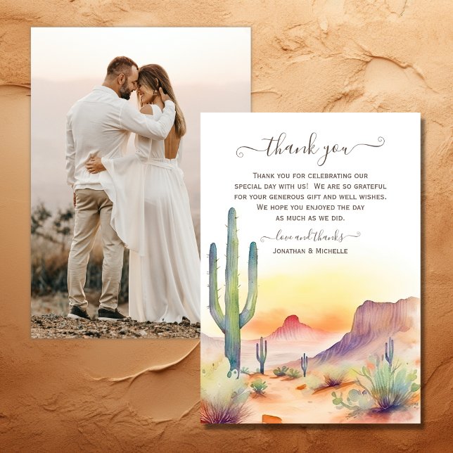 Cartão De Agradecimento Casamento Fotográfico do Sudoeste e do Cactus (Southwestern Desert and Cactus Photo Wedding Thank You Card)