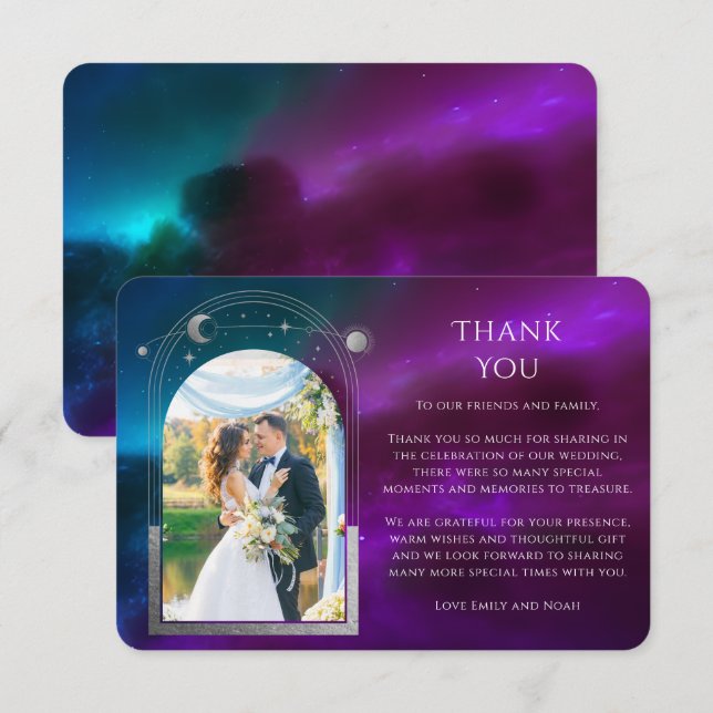 Cartão De Agradecimento Casamento Fotográfico do Sun Moon Roxo Cósmico (Frente/Verso)