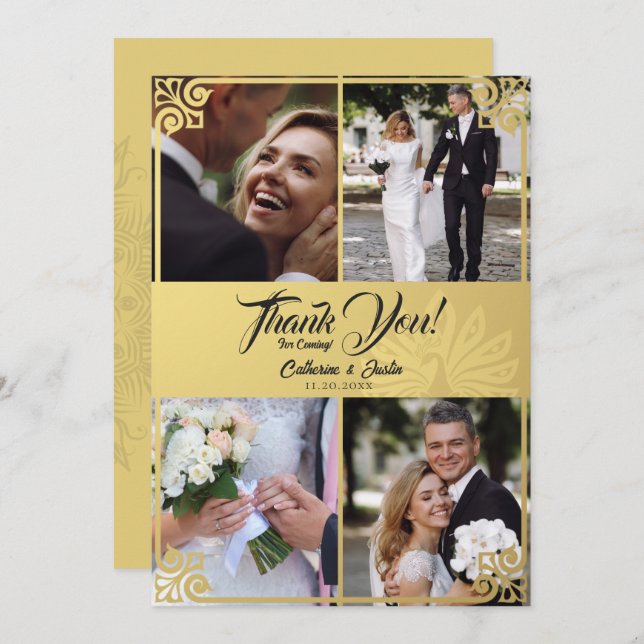 Cartão De Agradecimento Casamento Fotográfico Dourado 4 com Deco de Arte M (Frente/Verso)