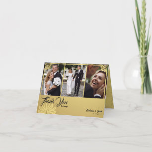 Cartão De Agradecimento Casamento Fotográfico Dourado de Peacock 3 Moderno